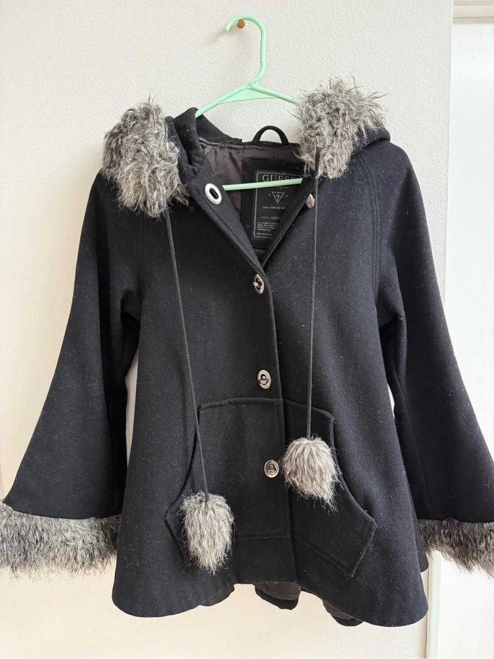 GUESS Black Wool Blend Winter Coat with Faux Fur Trim - Size XS